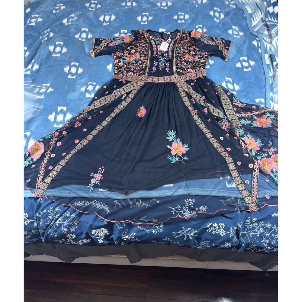 Sundance Women XL Black Floral Embroidered Mesh Midi Dress Boho Handkerchief Hem